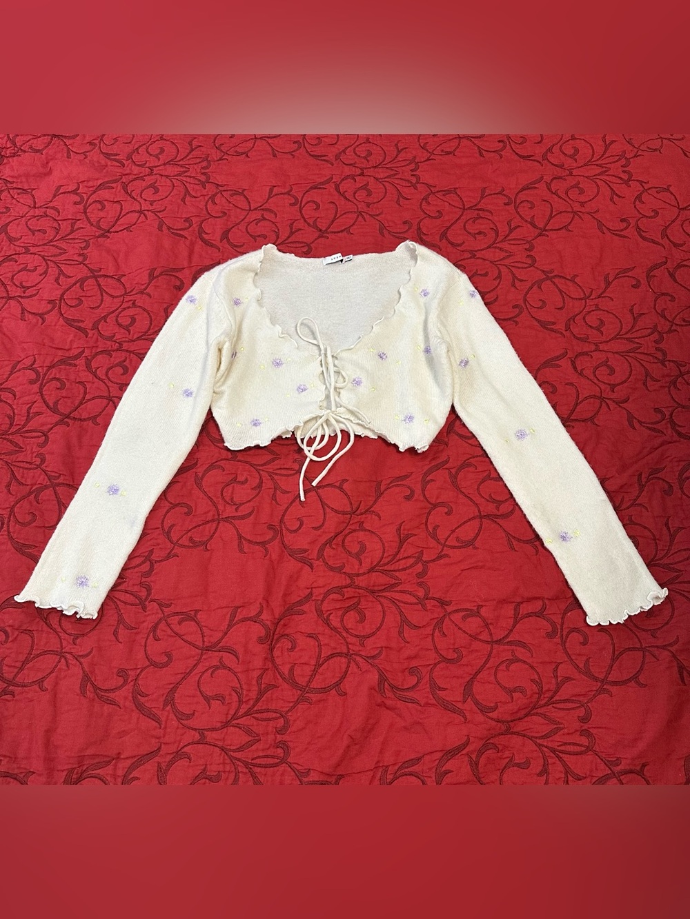 Lush Cream Lace-Up Cropped Knit Top with Lavender Embroidery